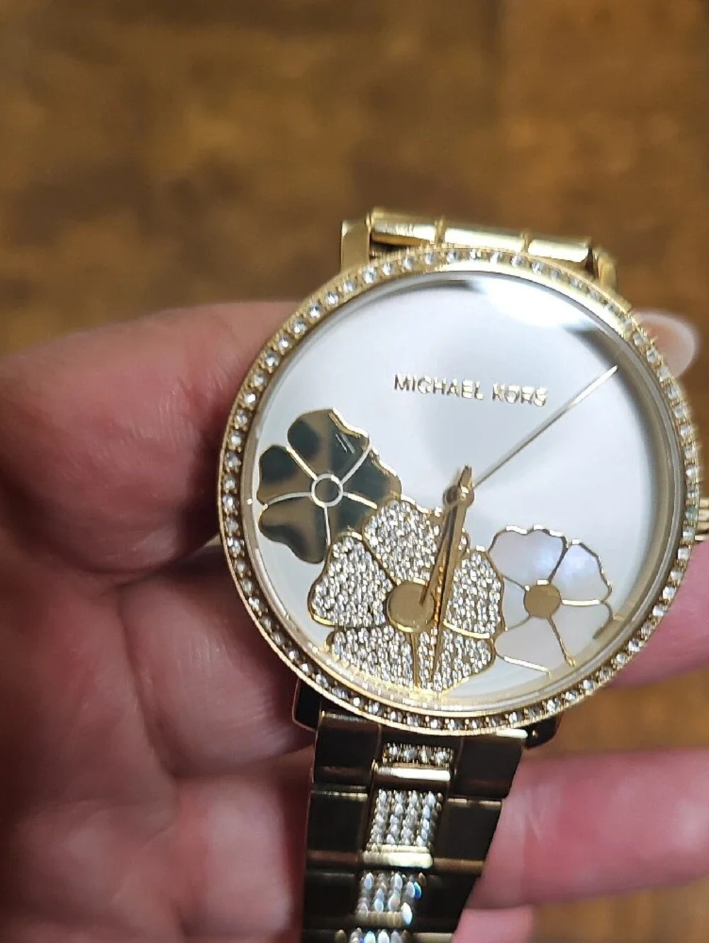 Michael Kors Gold-tone Floral Crystal Bracelet Watch with White Dial